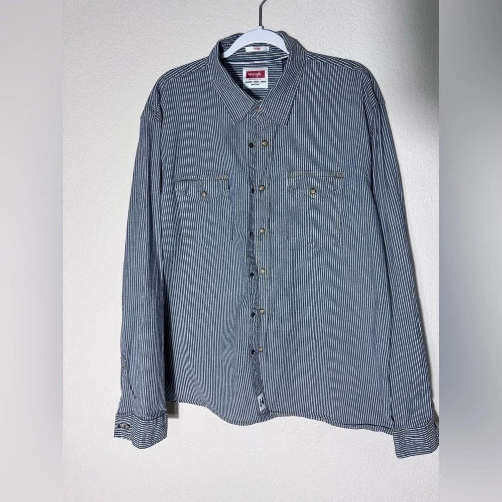 Wrangler Men’s Indigo Striped Denim Long Sleeve Shirt Brown Pearl Snaps Size XL
